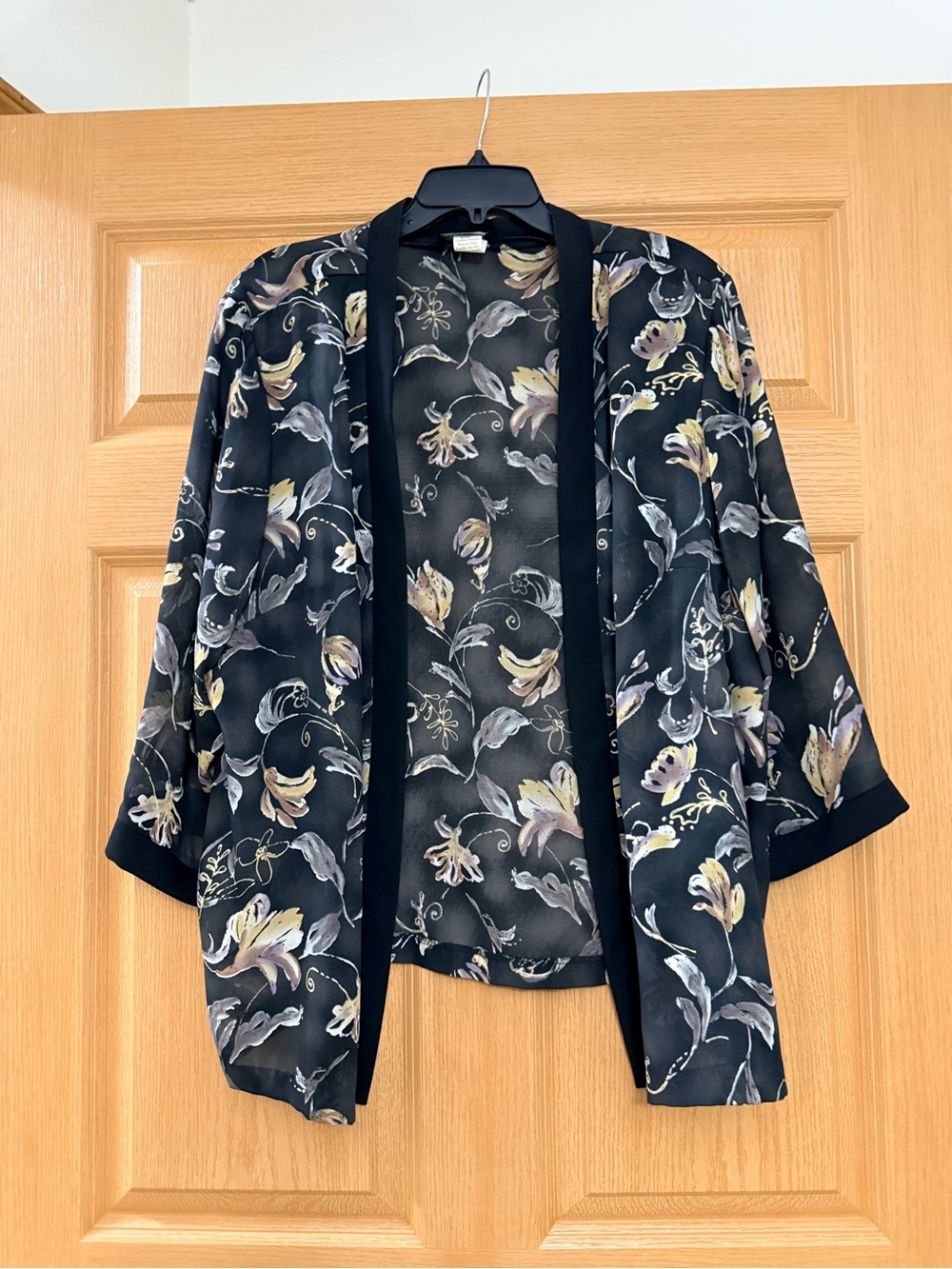 Vintage Sheer Black Floral Open-Front Kimono Tunic